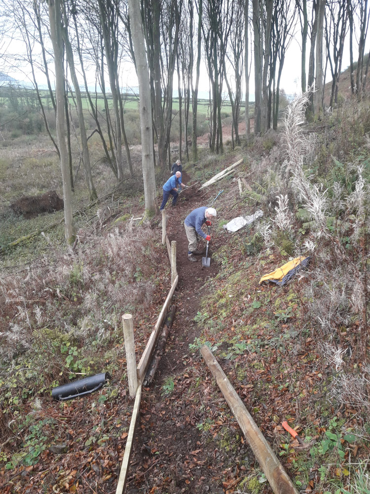Setting wooden barriers to stabilize the path